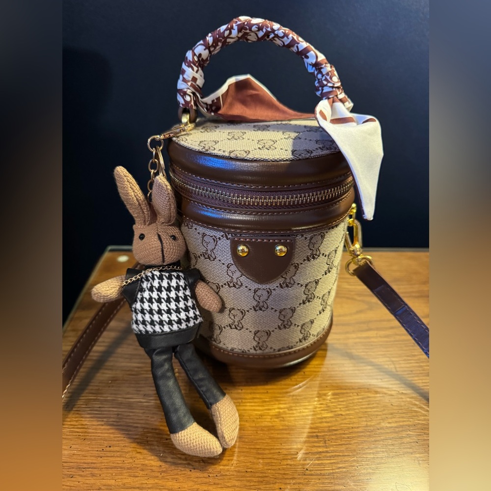 Brown and Cream Cylinder Handbag with Rabbit Charm